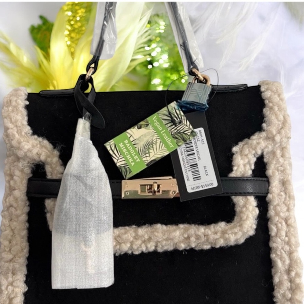 Badgley Mischka Sherpa Border Satchel Bag Black & Cream